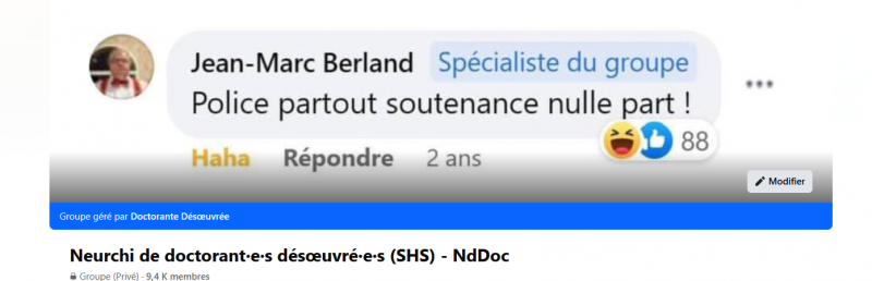 Bannière du groupe Facebook Neurchi de doctorant·e·s désœuvré·e·s (SHS) — NdDoc3